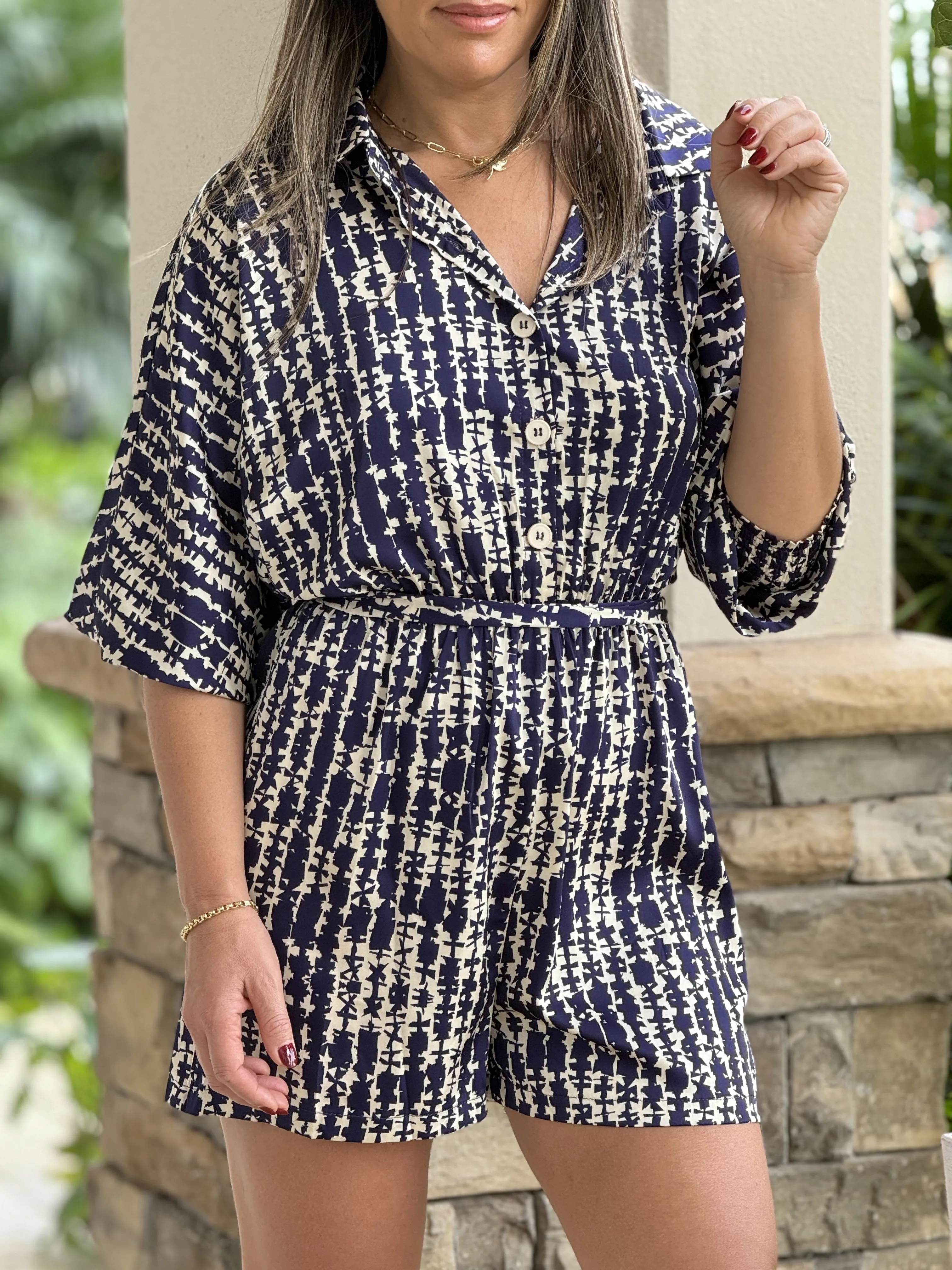 "Bianca" Long Sleeve Button Down Elastic Waisted Belted Romper