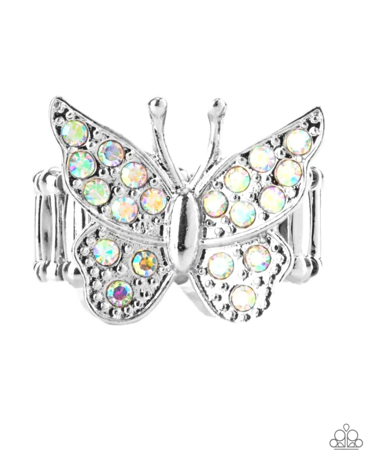 "Bona Fide Butterfly" Silver Metal & Iridescent Rhinestones Butterfly Elastic Ring