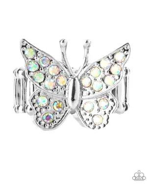 "Bona Fide Butterfly" Silver Metal & Iridescent Rhinestones Butterfly Elastic Ring