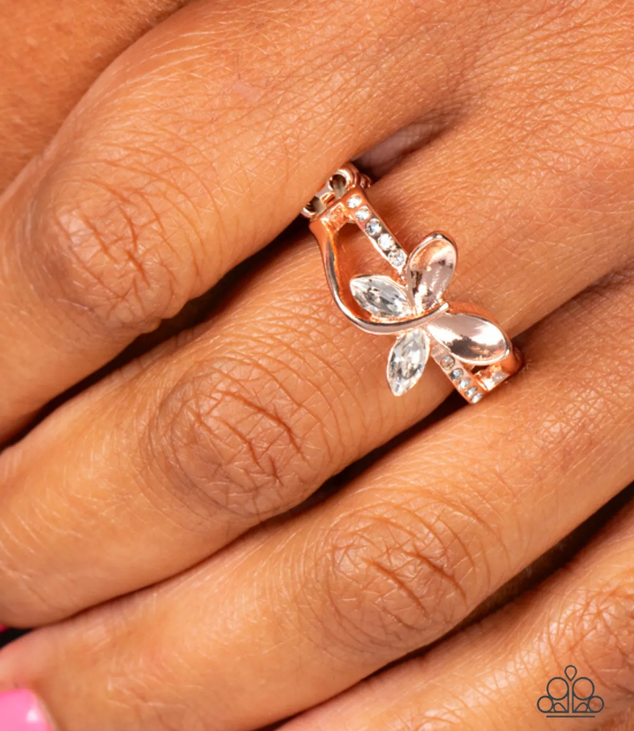 "Fetching Flutter" Dainty Rose Gold Metal & White Rhinestone Butterfly Elastic Ring
