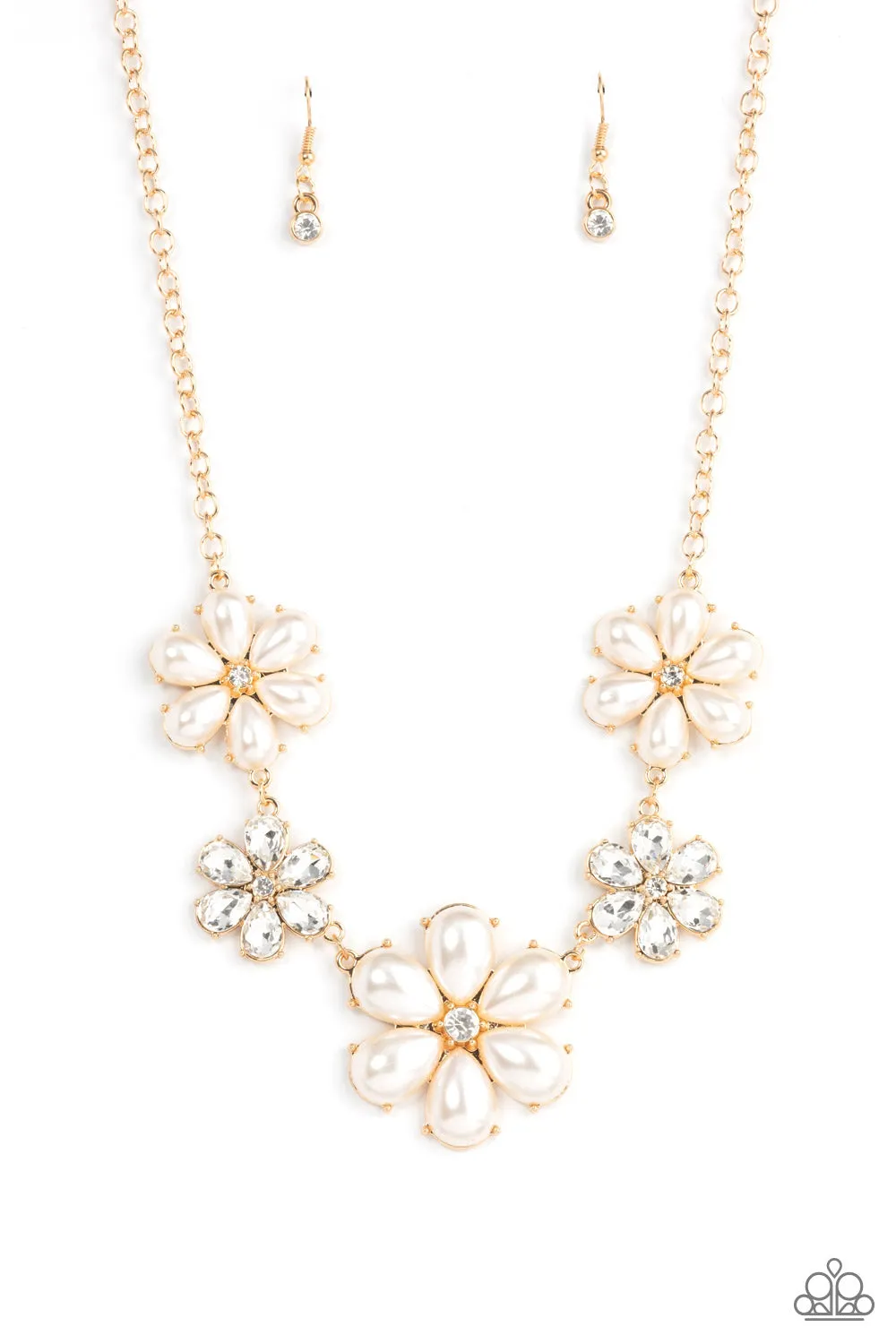 "Fiercely Flowering" Gold Metal White Pearls/Clear Rhinestones Flower Necklace Set