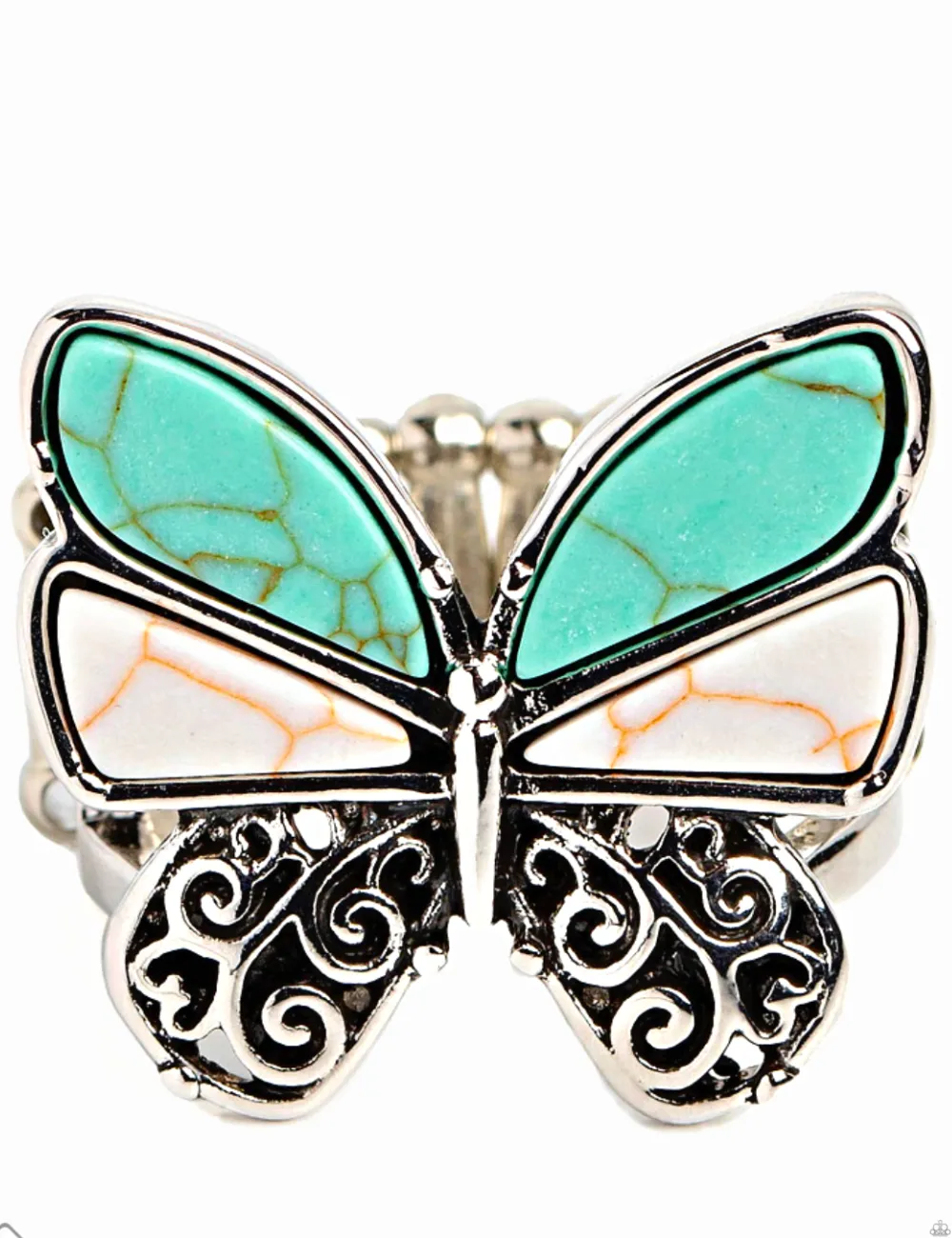 "Wild Wings" Silver Metal & Blue/White Crackle Stone Filigree Butterfly Elastic Ring