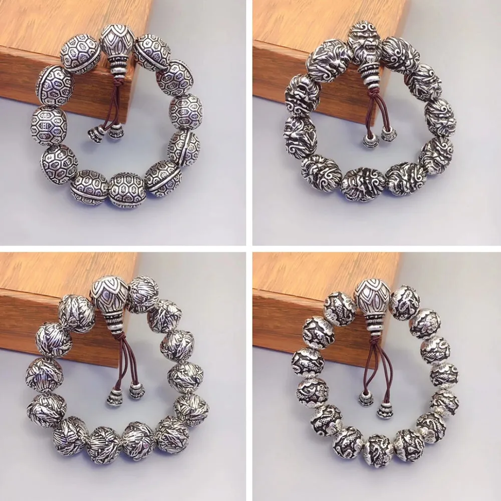 Real Solid 990 Sterling Silver Bracelet Buddha Beads Lotus Animals Fish Fashion Jewelry