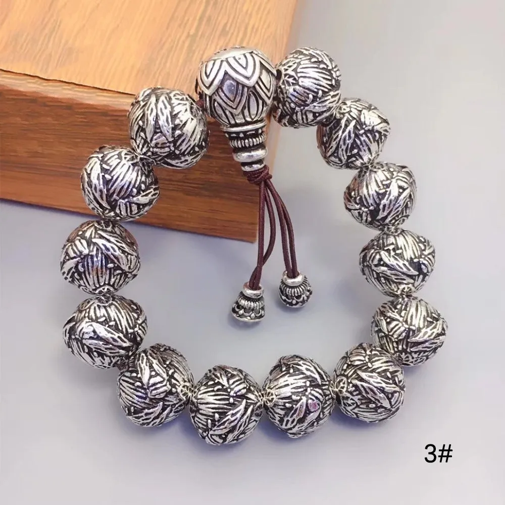 Real Solid 990 Sterling Silver Bracelet Buddha Beads Lotus Animals Fish Fashion Jewelry