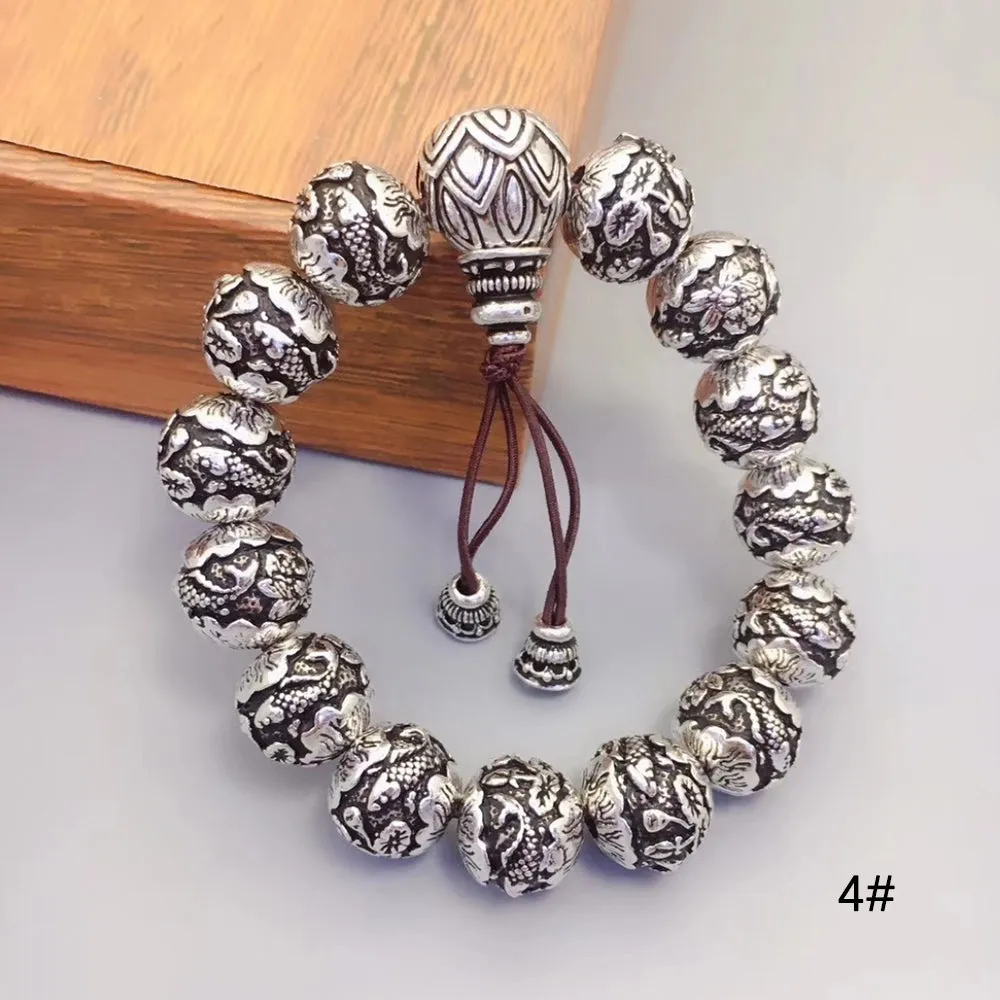 Real Solid 990 Sterling Silver Bracelet Buddha Beads Lotus Animals Fish Fashion Jewelry