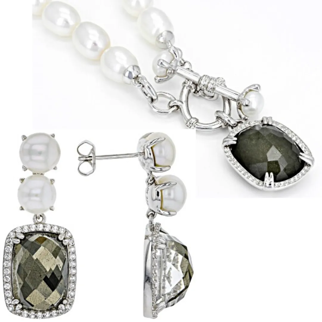 Rhodium/Sterling Silver White Pearl, Topaz & Pyrite Earrings & Necklace Set