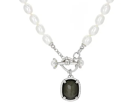 Rhodium/Sterling Silver White Pearl, Topaz & Pyrite Earrings & Necklace Set