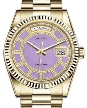 Rolex Day-Date 36 Yellow Gold Carousel of Lavender Jade Diamond Dial & Fluted Bezel President Bracelet 118238