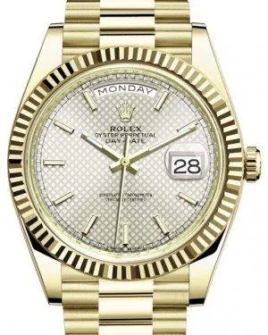 Rolex Day-Date 40 Yellow Gold Silver Diagonal Motif Index Dial & Fluted Bezel President Bracelet 228238 -  New