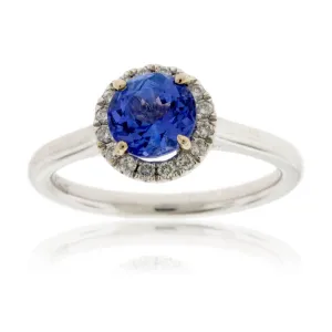 Round Tanzanite and Diamond Halo Ring