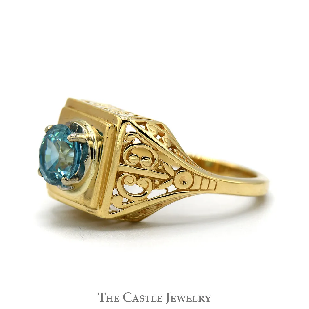 Round Topaz Ring with Open Scroll Designed Sides in 14k Yellow Gold