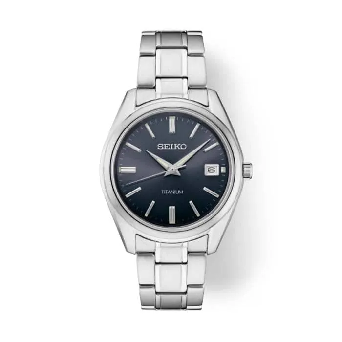 Seiko 40MM Essentials Collection Watch with Dark Blue Sunray Dial in Titanium