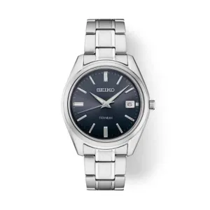 Seiko 40MM Essentials Collection Watch with Dark Blue Sunray Dial in Titanium