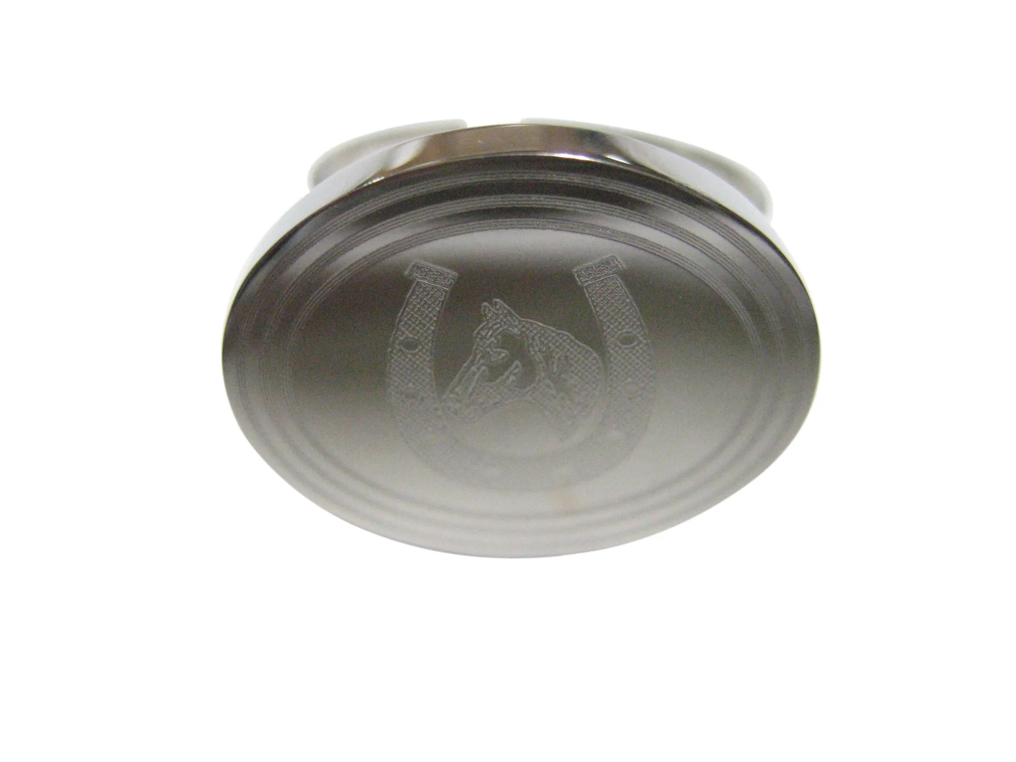 Silver Toned Etched Oval Horse and Horse Shoe Adjustable Size Fashion Ring