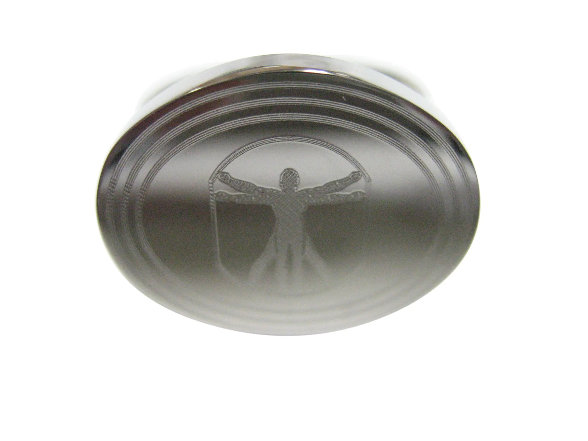 Silver Toned Etched Oval Leonardo Da Vinci Vitruvian Man Adjustable Size Fashion Ring