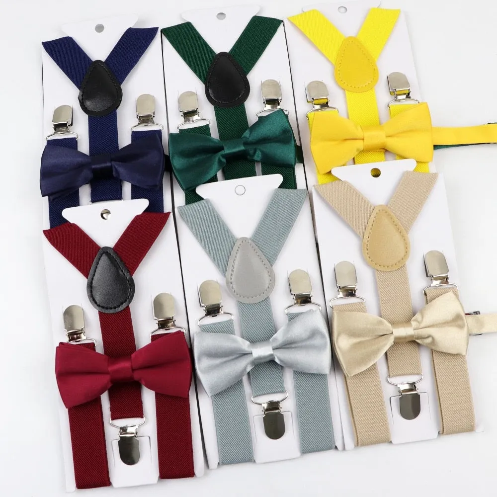 Soild Color Children Belt Bowtie Set -Suspenders Clip-on Bow Tie Elastic- Adjustable