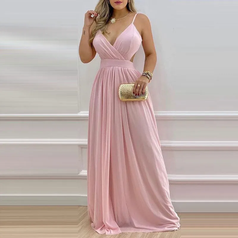 Solid V-Neck Cut Out Maxi Dress
