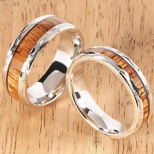 Sterling Silver Koa Wood Wedding Ring Hand-made Scroll Engraving 8mm