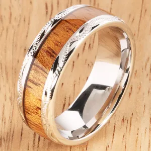 Sterling Silver Koa Wood Wedding Ring Hand-made Scroll Engraving 8mm
