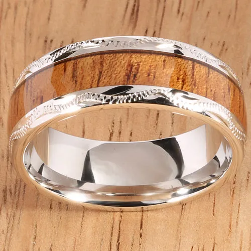 Sterling Silver Koa Wood Wedding Ring Hand-made Scroll Engraving 8mm