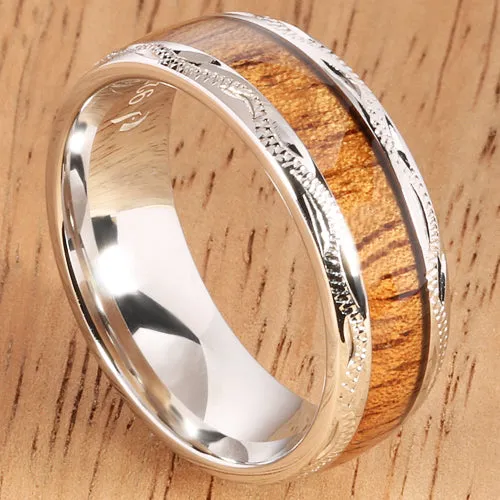 Sterling Silver Koa Wood Wedding Ring Hand-made Scroll Engraving 8mm