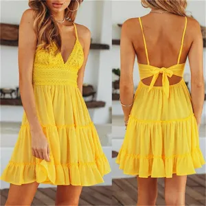 Styleword Women V-Neck Spaghetti Strap Backless Mini Swing Skater Dress Sundress, Yellow, Size M