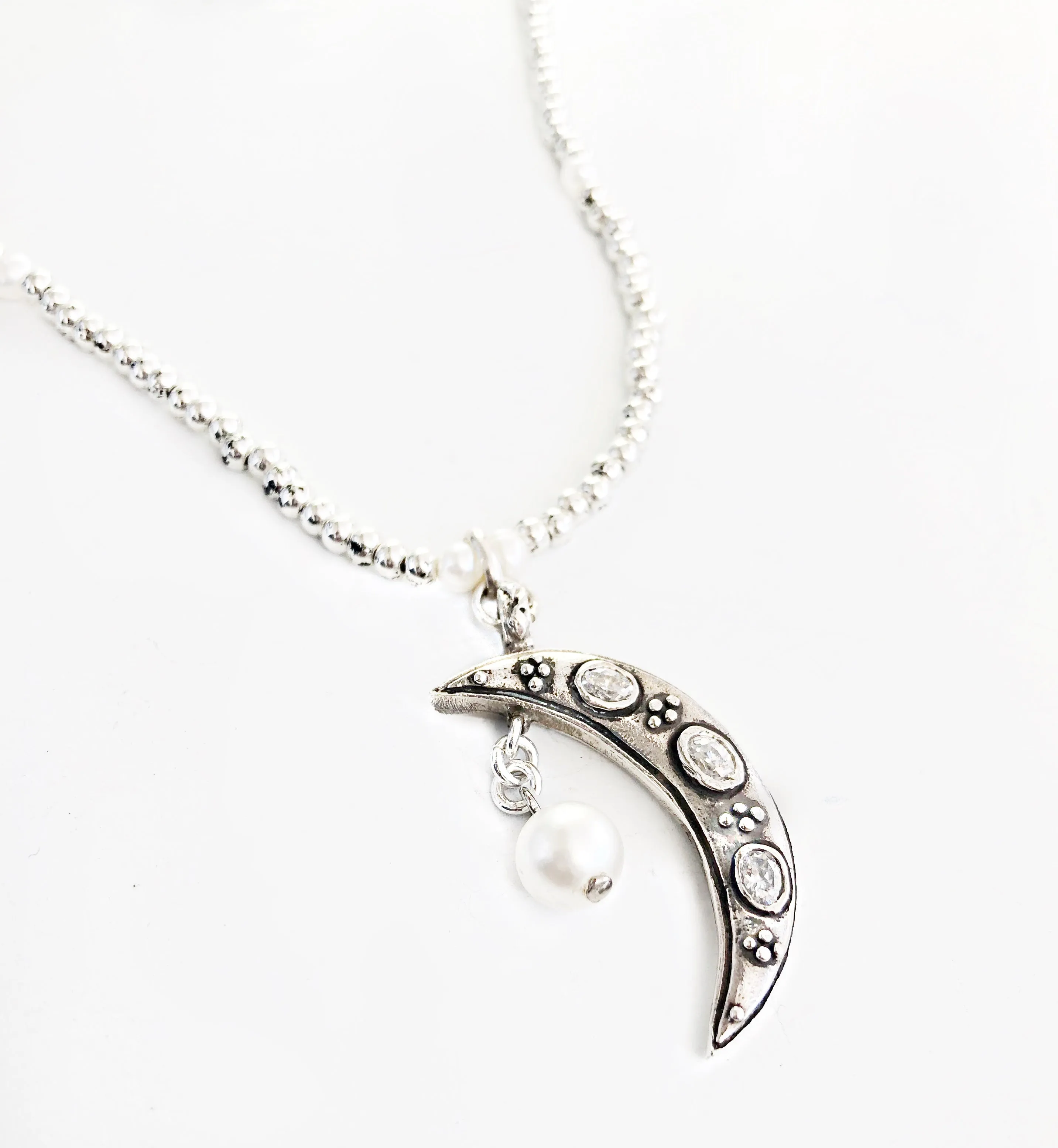 Topaz Moon Pendant in Silver/ Pearl Chain