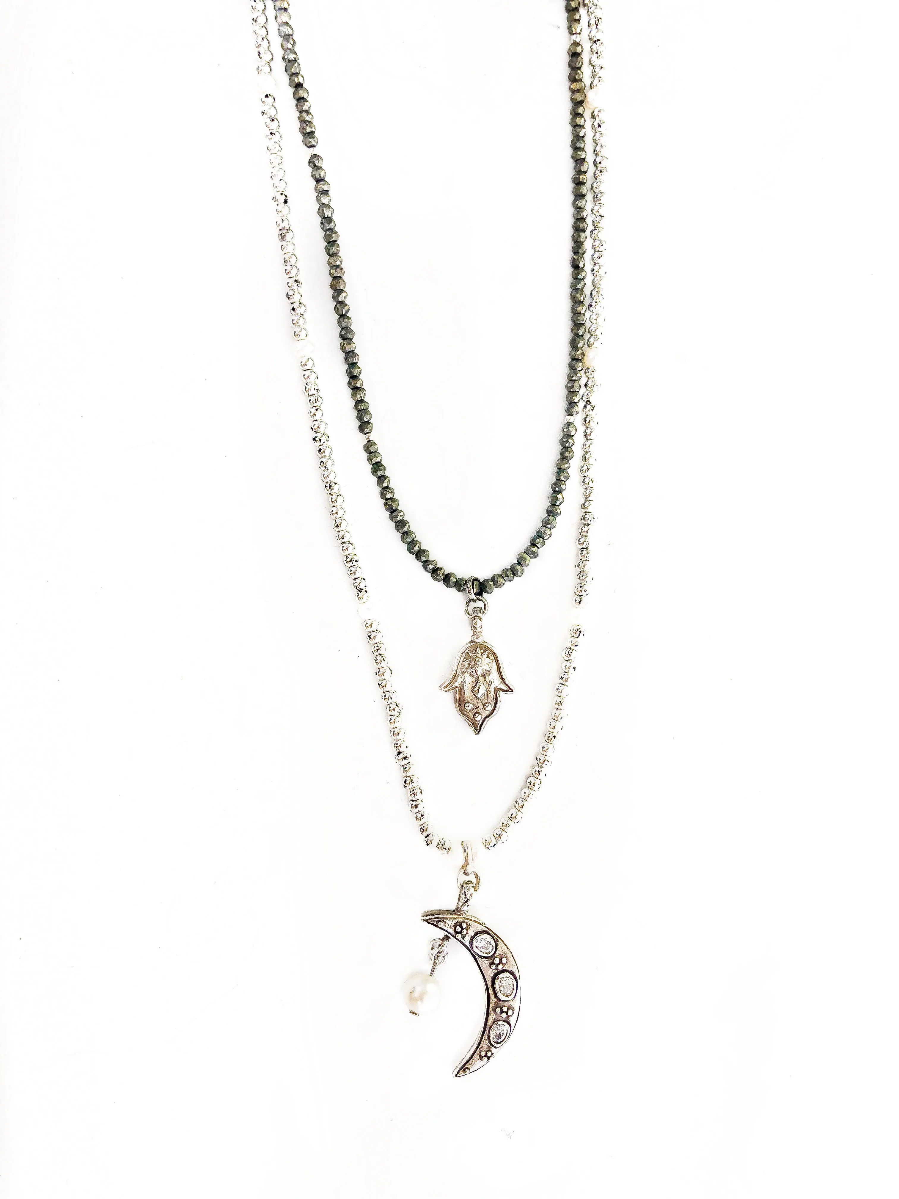 Topaz Moon Pendant in Silver/ Pearl Chain