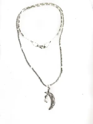 Topaz Moon Pendant in Silver/ Pearl Chain
