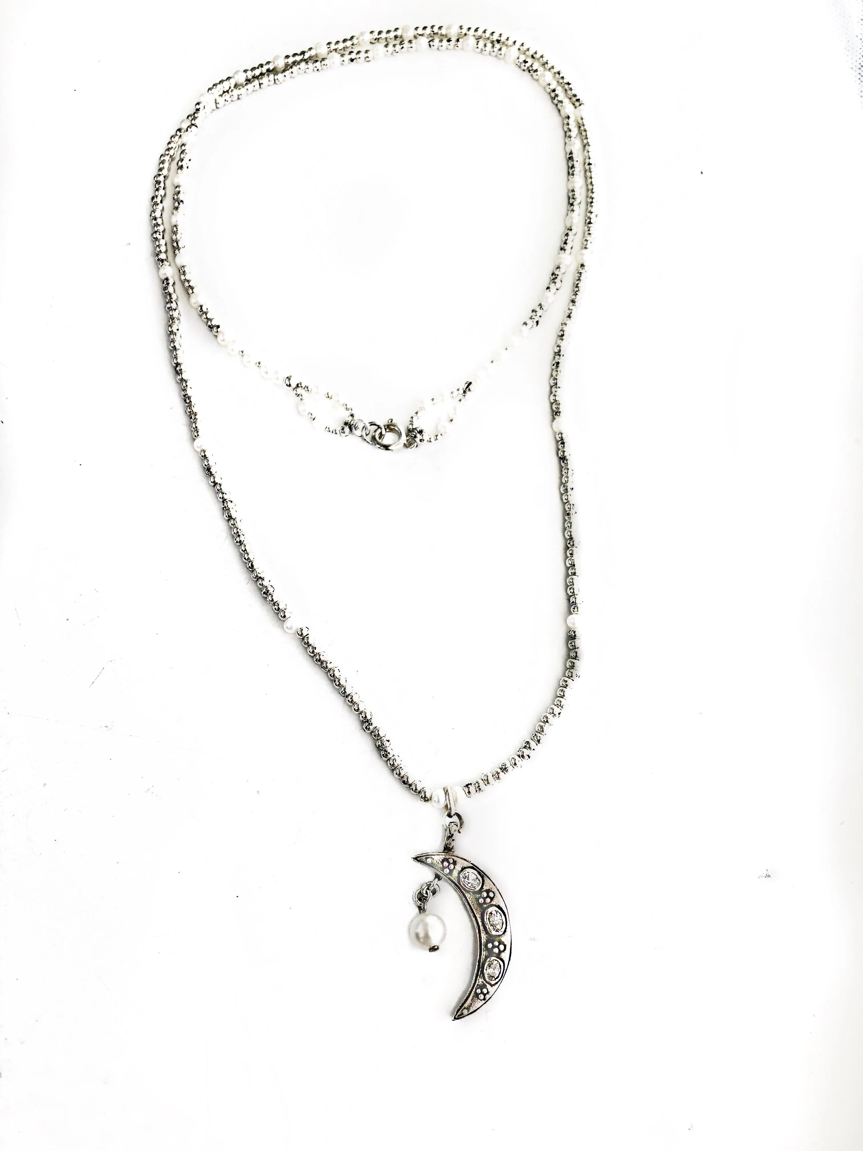 Topaz Moon Pendant in Silver/ Pearl Chain