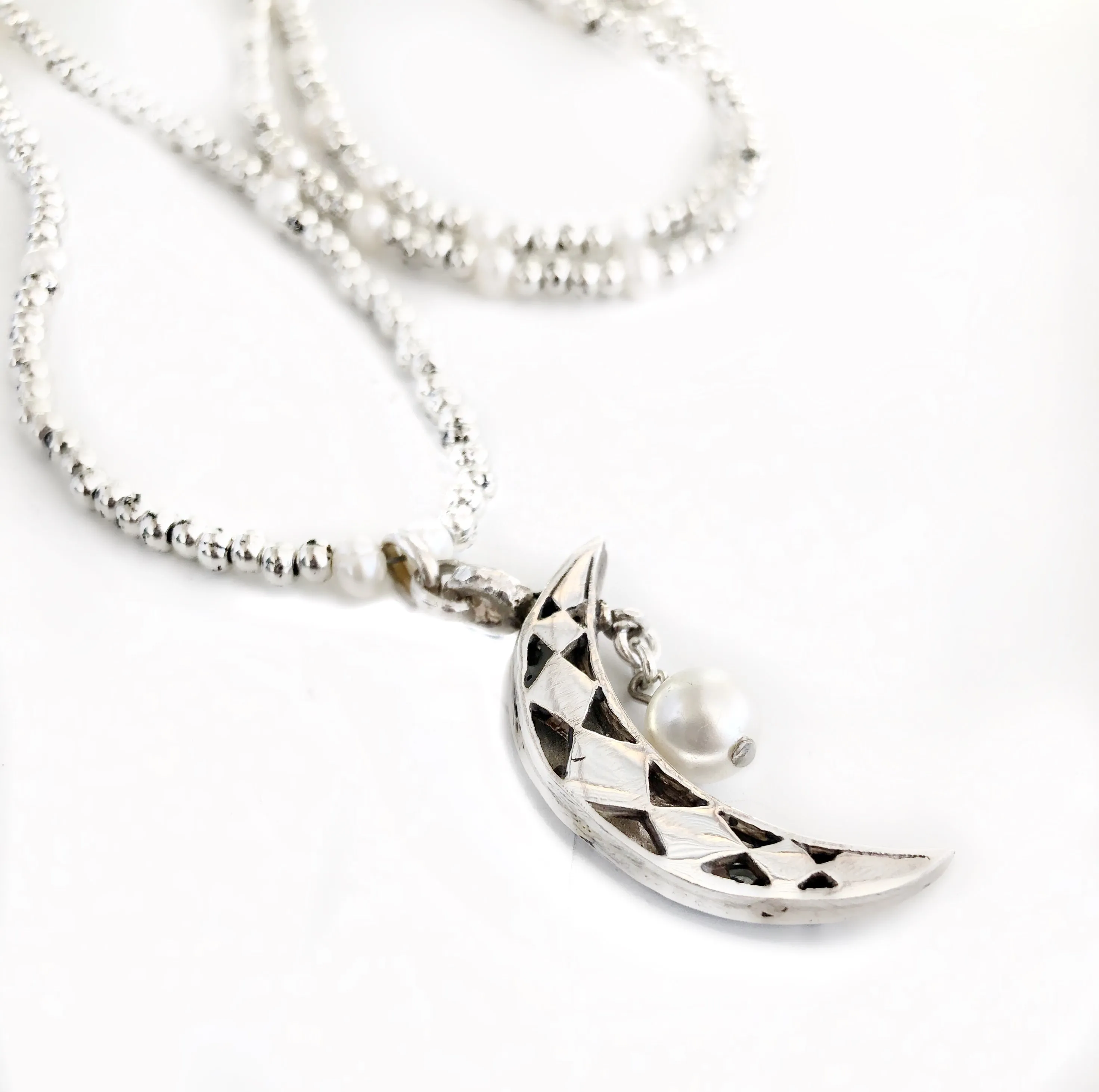 Topaz Moon Pendant in Silver/ Pearl Chain