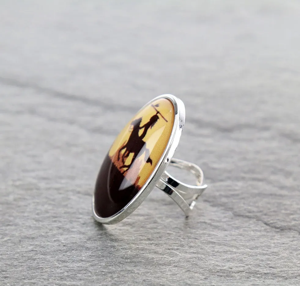 Wild West Scene Glass Bubble Cuff Ring