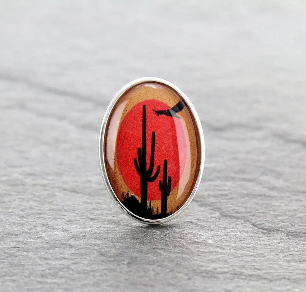 Wild West Scene Glass Bubble Cuff Ring