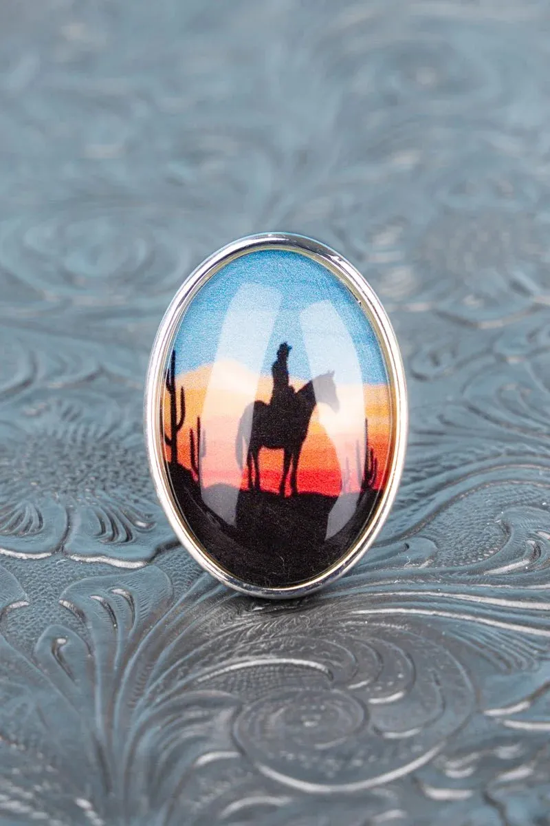 Wild West Scene Glass Bubble Cuff Ring