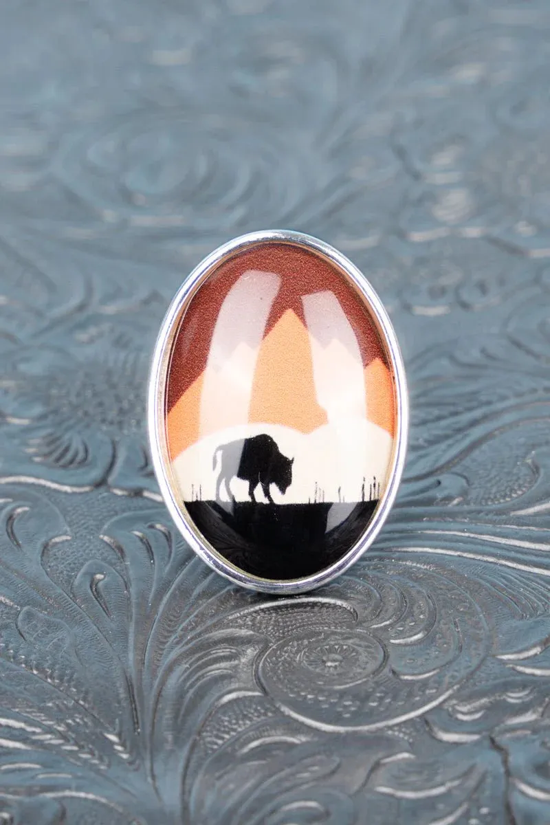 Wild West Scene Glass Bubble Cuff Ring