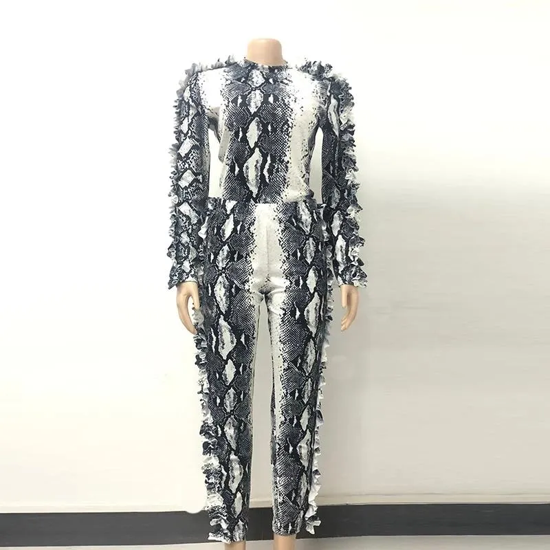 Women's 2pc Snake Print Ruffle Fashion Set