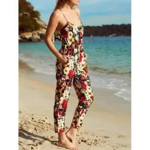Women's Spaghetti Strap Floral Print Jumpsuit - M