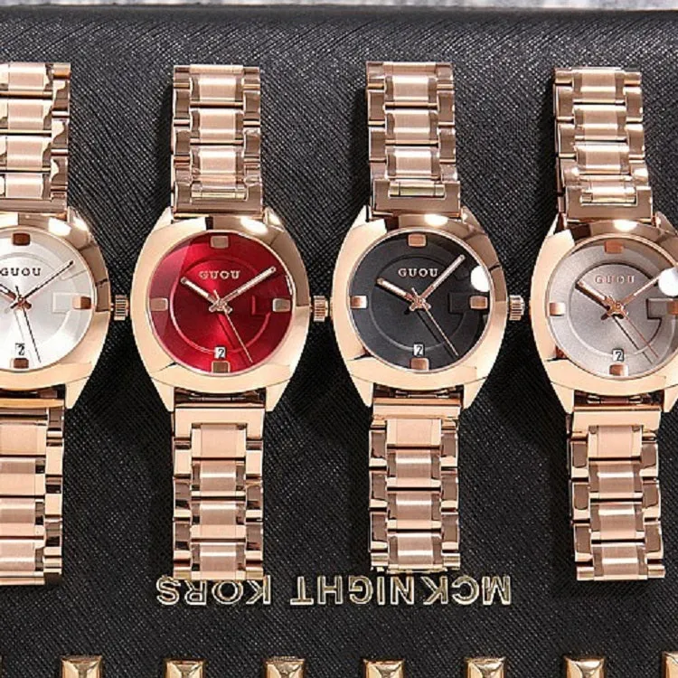 Women's Watch Round calendar dial stainless steel strap gold quartz fashion watch