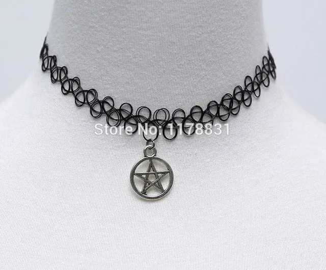 XIAOJINGLING Stretch Tattoo Choker Necklace Gothic Punk Grunge Metal Five Star in Round Necklaces & Pendants For Women Lovers'