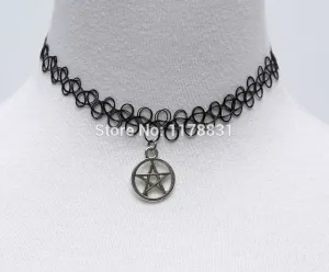 XIAOJINGLING Stretch Tattoo Choker Necklace Gothic Punk Grunge Metal Five Star in Round Necklaces & Pendants For Women Lovers'